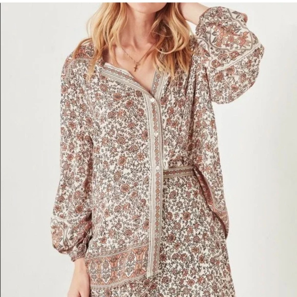 Spell & The Gypsy Orange Beige Jasmine Floral Rayon Blouse Top